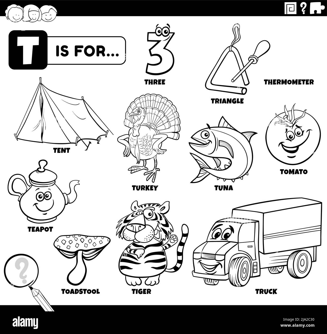 Illustrazione di cartoni animati didattici in bianco e nero per bambini con caratteri fumetti e oggetti impostati per la pagina di libro da colorare lettera T. Illustrazione Vettoriale