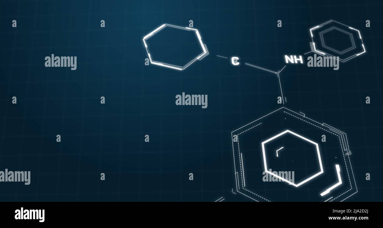 Immagine di strutture di formula chimica che si muovono su sfondo blu Foto Stock