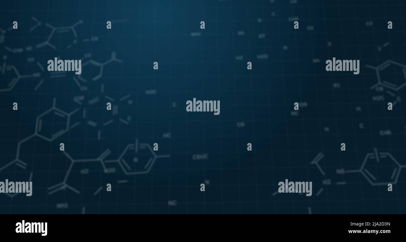 Immagine di strutture di formula chimica che si muovono su sfondo blu Foto Stock