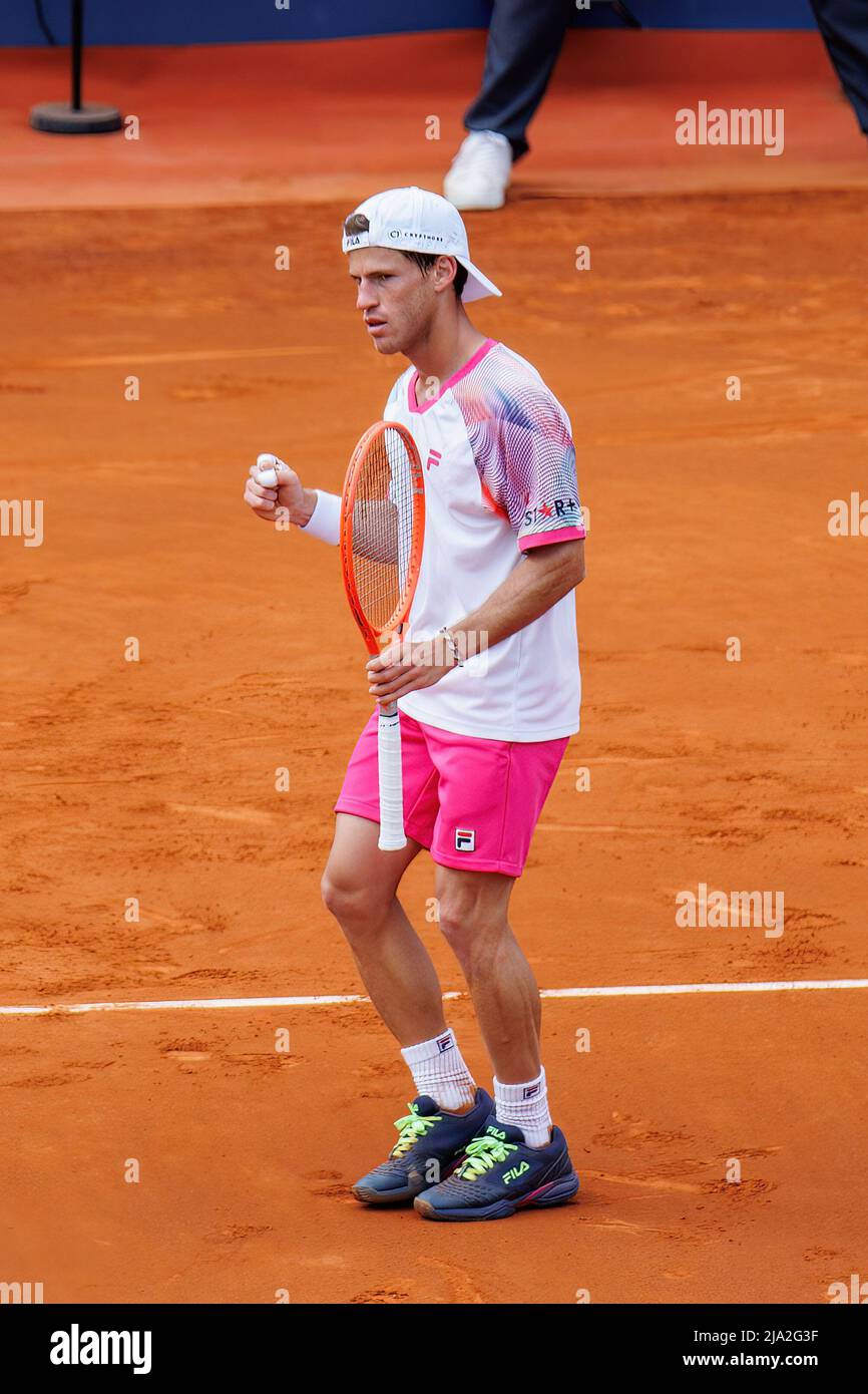 BARCELLONA - Apr 19: Diego Schwartzman in azione durante il Torneo di tennis Barcelona Open Banc Sabadell al Real Club De Tenis Barcellona il 19 aprile, Foto Stock