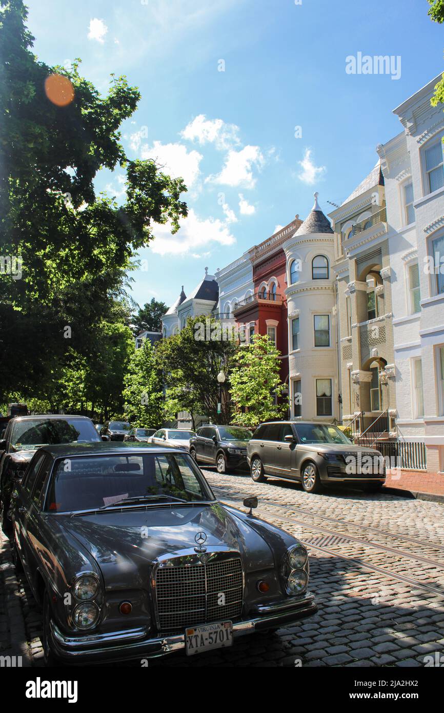 Auto classica su una strada alberata nel quartiere storico di Georgetown a Washington, District of Columbia. Foto Stock