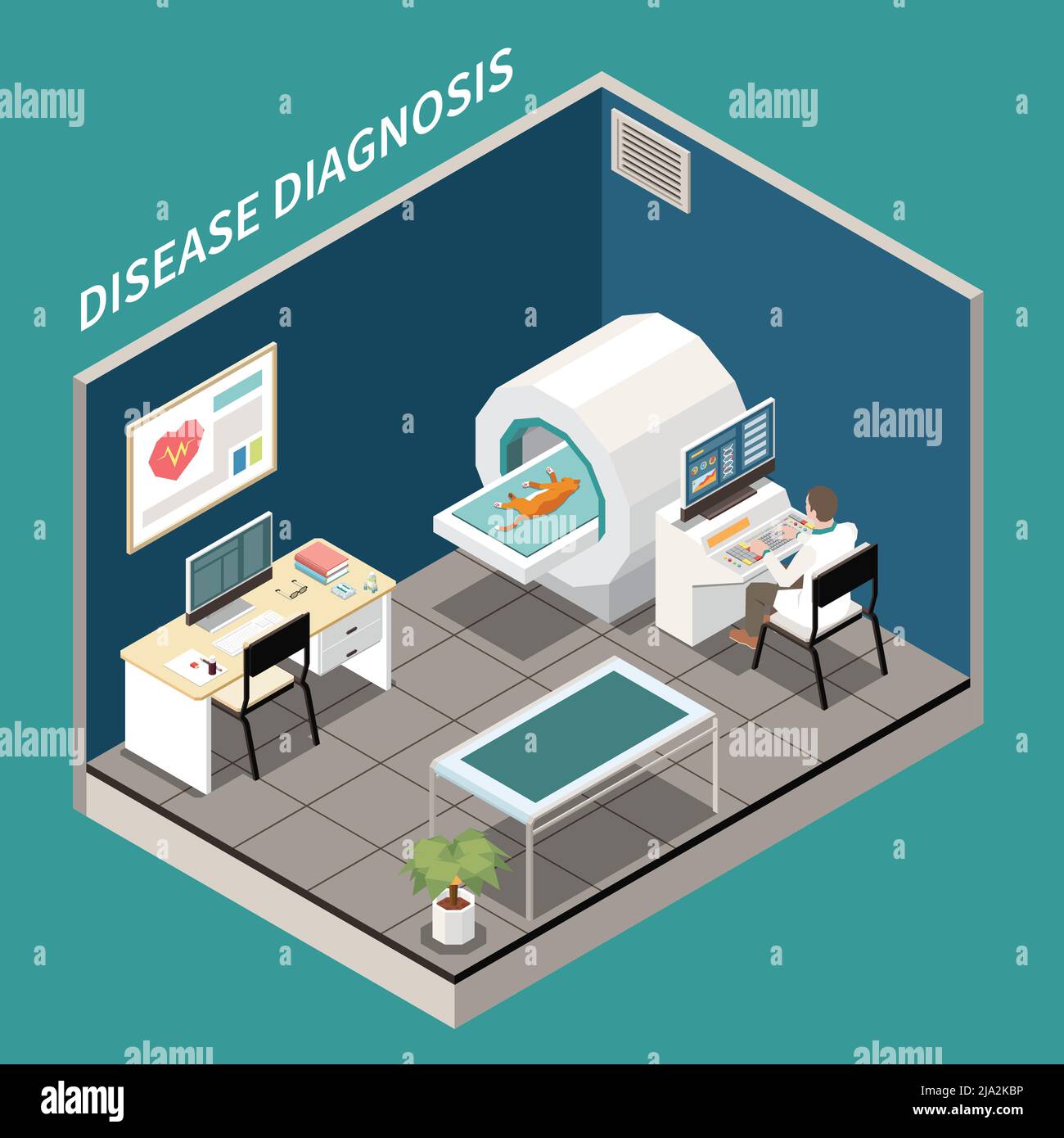 Vista isometrica del laboratorio diagnostico della clinica veterinaria con il gatto sottoposto a un assistente al test di scansione rm dietro l'illustrazione vettoriale del computer Illustrazione Vettoriale