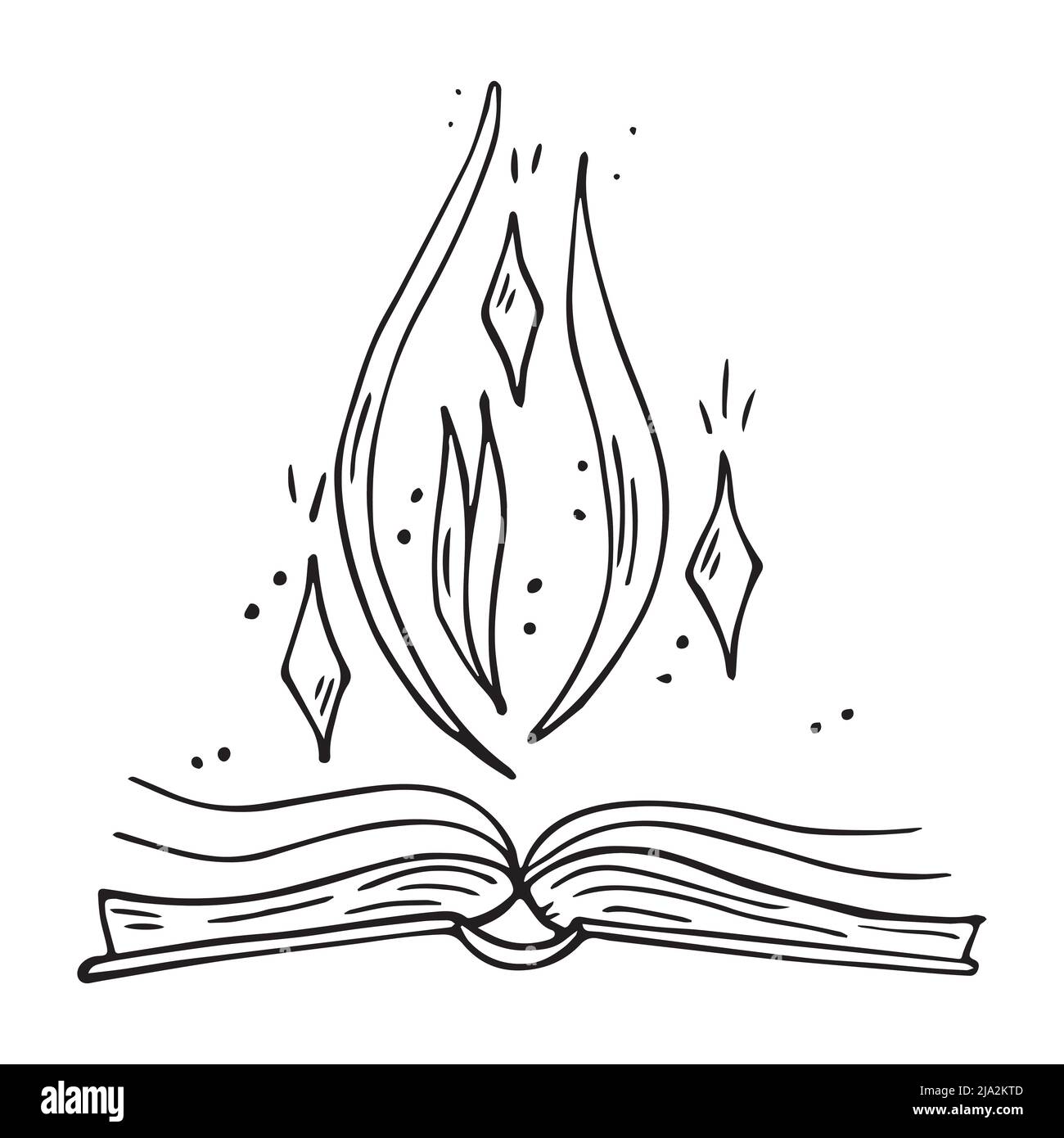 Vettore mano disegnata aperto doodle libro magico cartone animato. Wizard libro di incantesimi. Illustrazione Vettoriale
