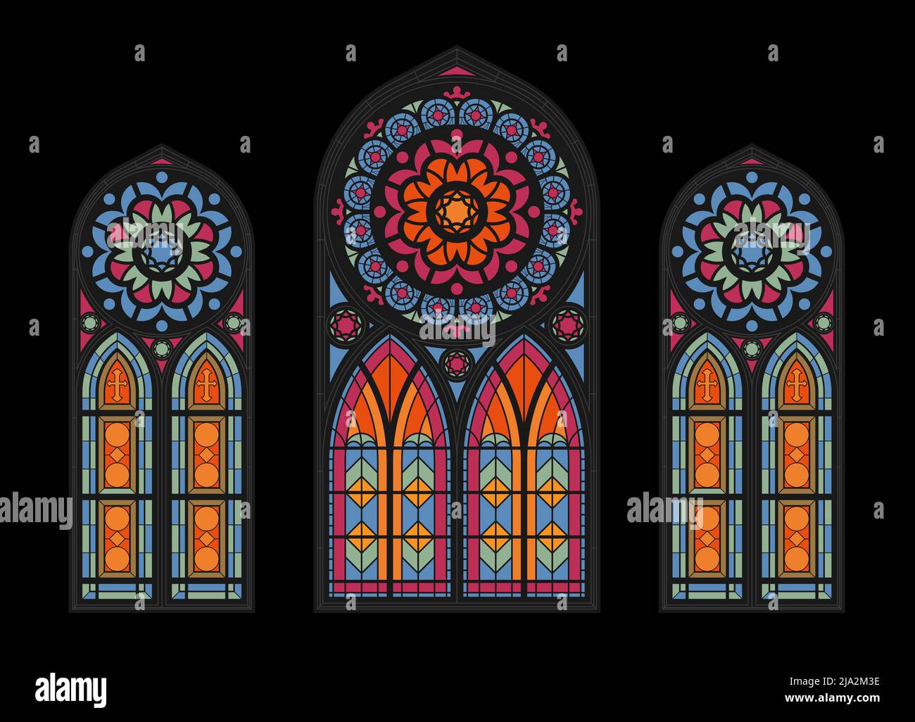 Vetrate colorate mosaico finestre cattedrale su sfondo scuro chiesa gotica bella vista interna nuvoloso illustrazione vettoriale Illustrazione Vettoriale