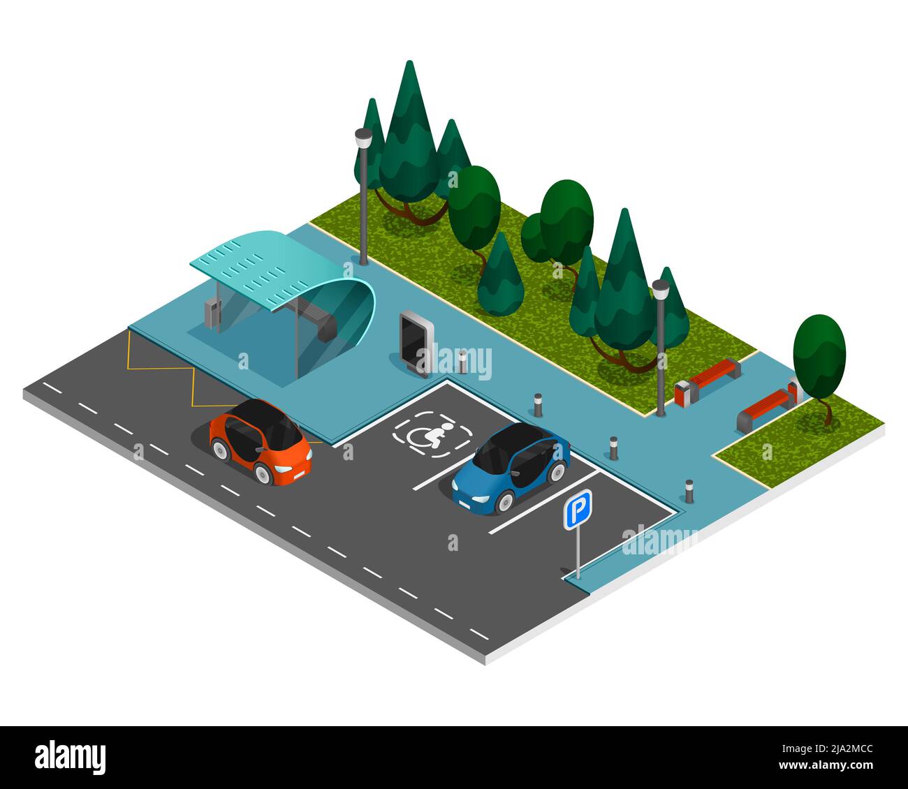Elementi costruttivi della città concetto isometrico strada della città con un parco con parcheggio per auto e un'area per ricreazione illustrazione vettoriale Illustrazione Vettoriale