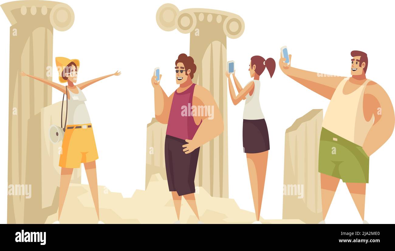 Guida escursione composizione con gruppo di turisti tra colonne antiche illustrazione vettoriale Illustrazione Vettoriale