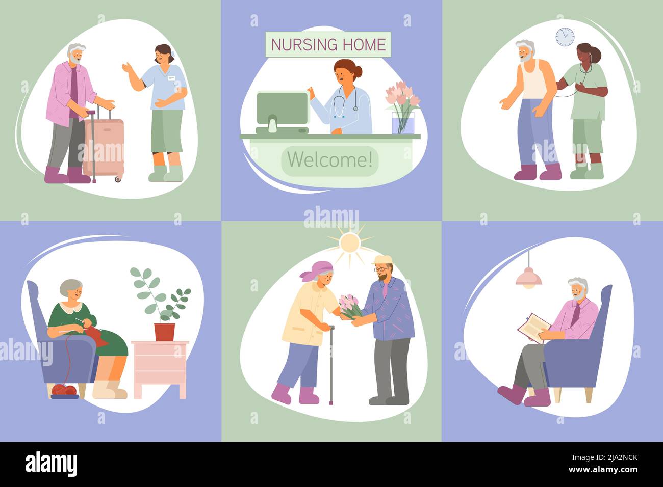 Assistenza medica e attività ricreative per anziani a casa di cura composizione piatta impostata su sfondo colorato isolato vettore illustrazione Illustrazione Vettoriale