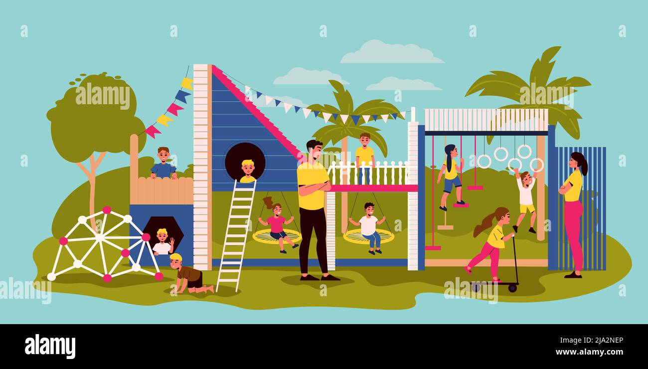 I ragazzi e le ragazze con i loro genitori che si divertono sul parco giochi per bambini con varie attrezzature flat vettoriale illustrazione Illustrazione Vettoriale
