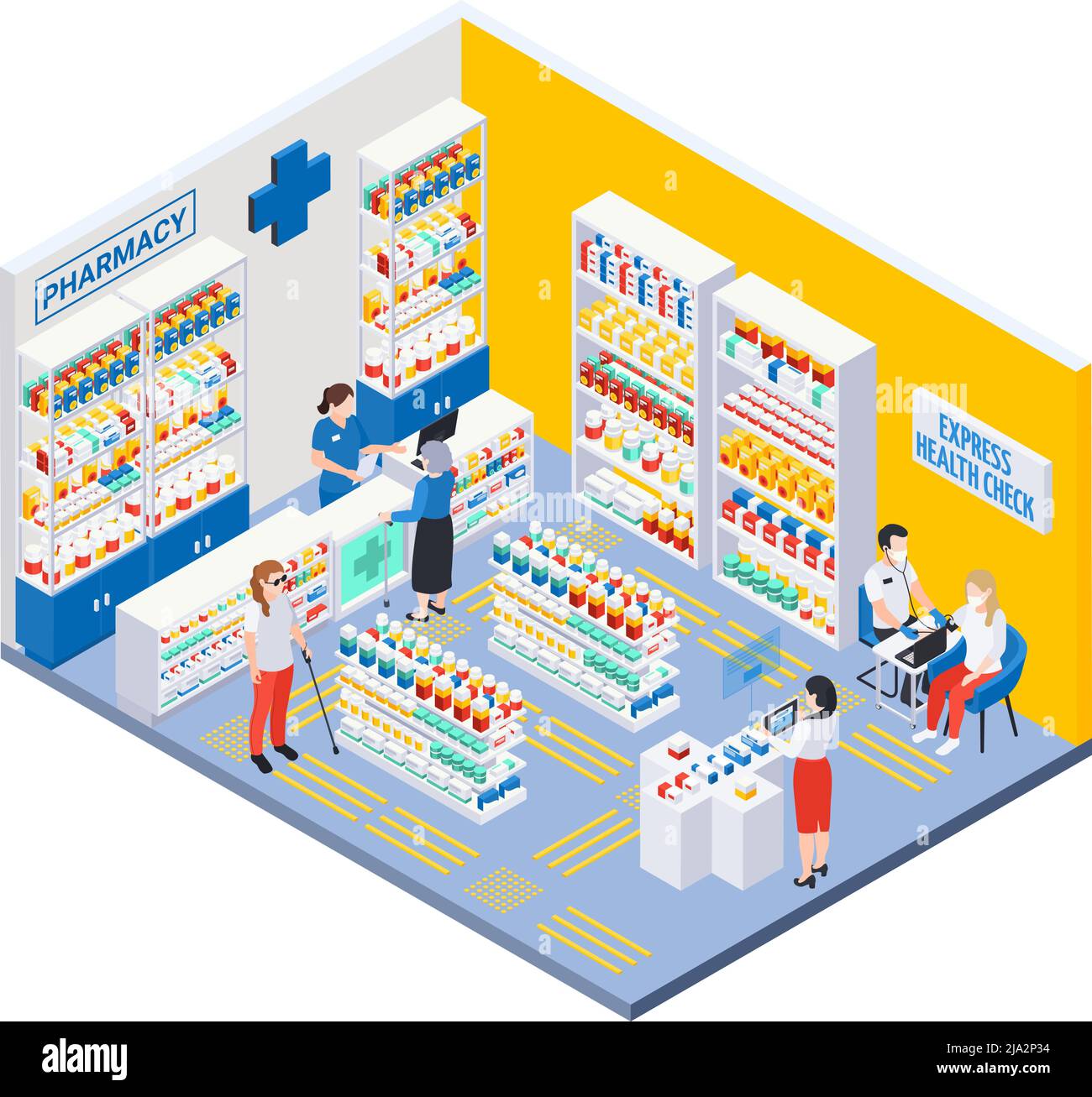Interni moderni della farmacia con pavimentazione tattile per un'illustrazione isometrica del vettore di controllo dello stato non vedente ed espresso Illustrazione Vettoriale
