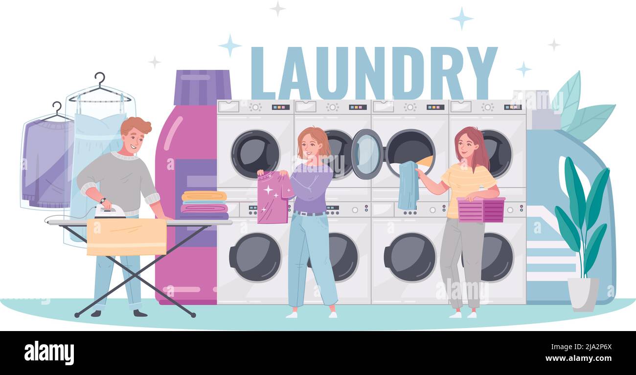 Lavanderia automatica cartoon vettore illustrazione con persone che utilizzano il servizio di lavanderia e ferro da stiro in background lavatrici Illustrazione Vettoriale