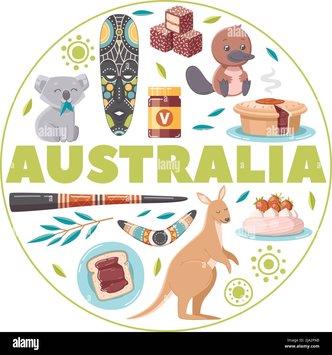 Australia sfondo rotondo con koala antica maschera di legno didjeridoo boomerang vegemite nazionale dolce cartoon cartoon flat vettore icone illustrazione Illustrazione Vettoriale