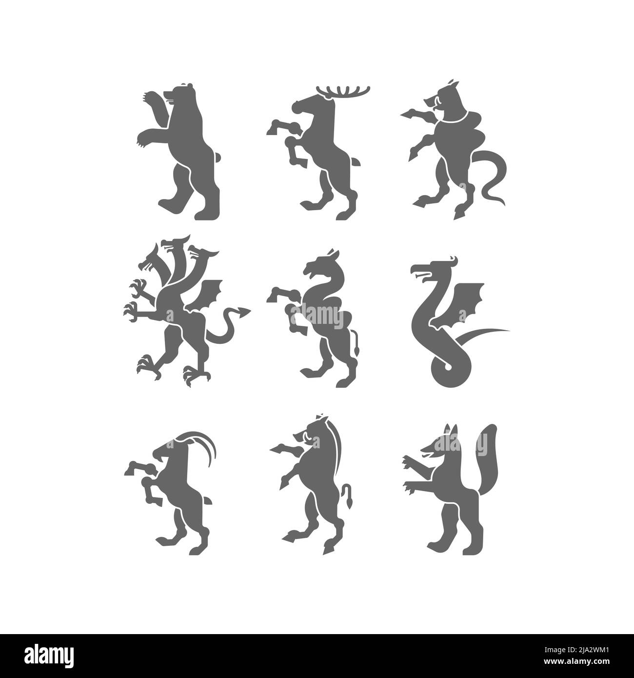 Silhouette araldica con set di animali. Panther, cammello. Capra, Hydra ed Enfield. Volpe, lupo e alphyn. Cervi, cammelli e Yale. Salamndra, capra e Amphiptere. F Illustrazione Vettoriale