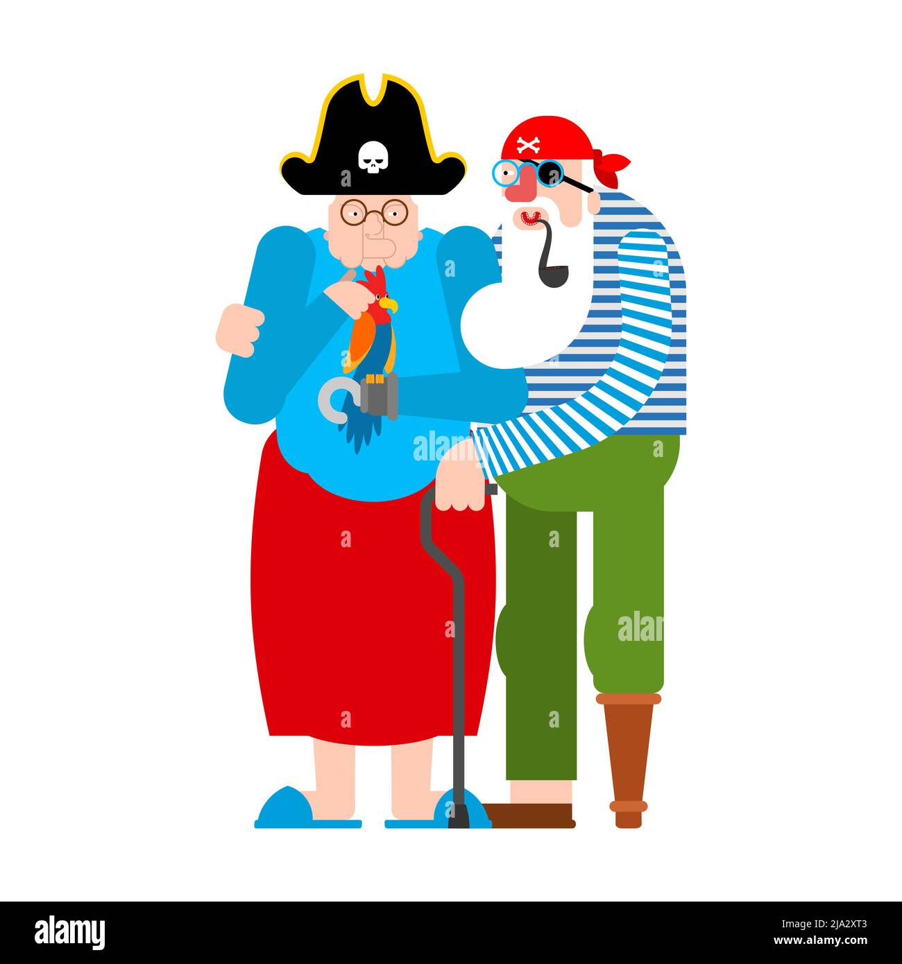 Nonno e nonna Pirate. Nonno e nonna filibuster e pappagallo. Illustrazione vettoriale Illustrazione Vettoriale
