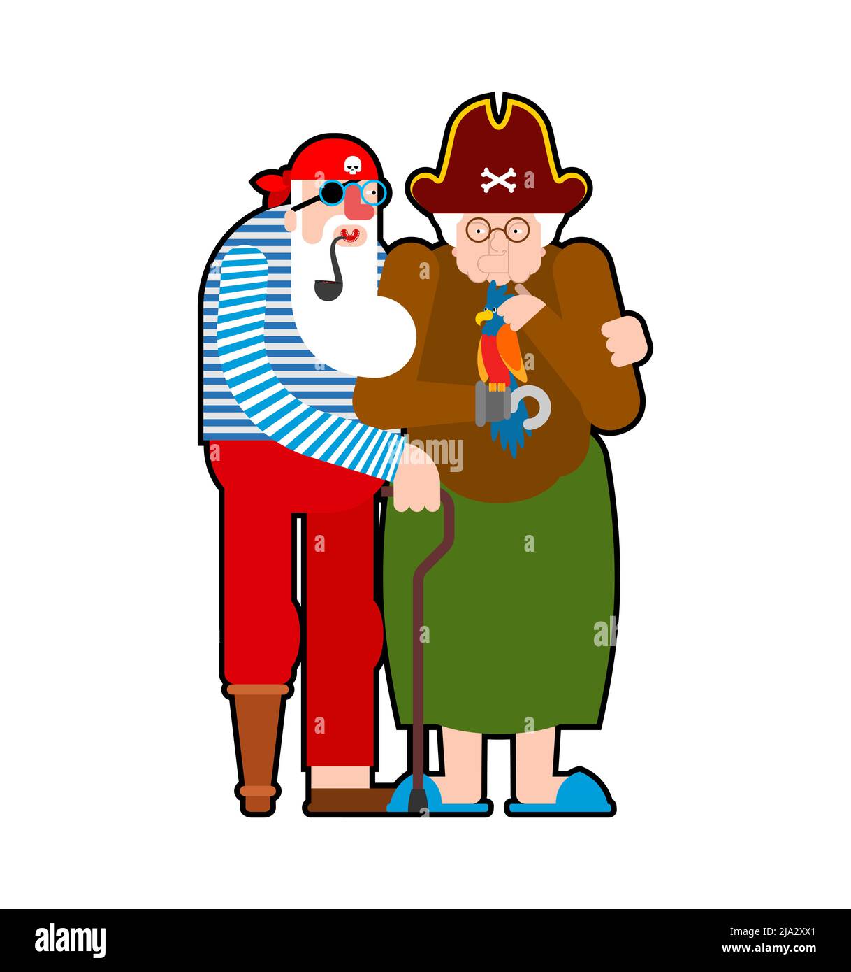 Nonno e nonna Pirate. Nonno e nonna filibuster e pappagallo. Illustrazione vettoriale Illustrazione Vettoriale