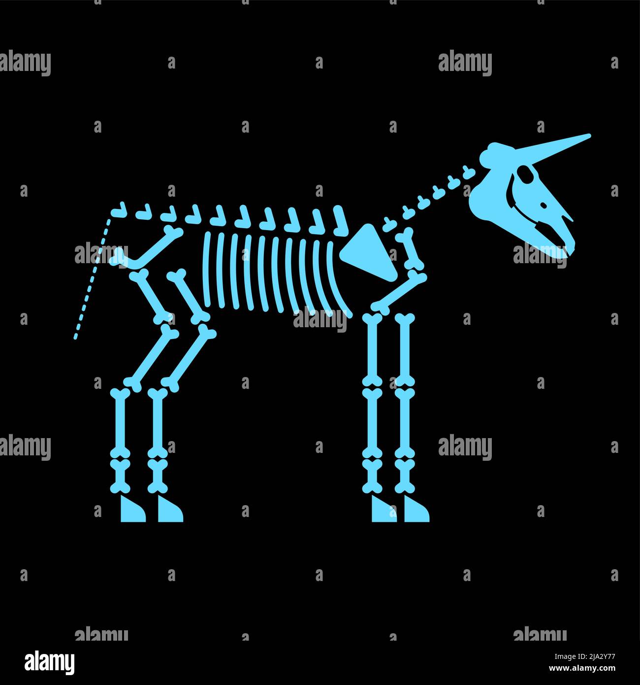 Scheletro unicorno isolato. Cavallo magico con ossa di corno. Illustrazione vettoriale Illustrazione Vettoriale