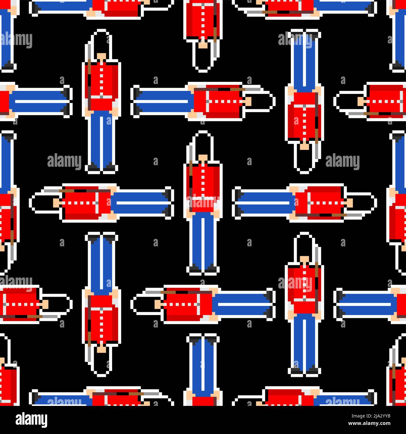 Beefeater British Royal Guardsman pixel art pattern senza cuciture. Grenadier sentry a 8 bit con fondo a cappello di orso. Texture vettoriale pixelata Illustrazione Vettoriale