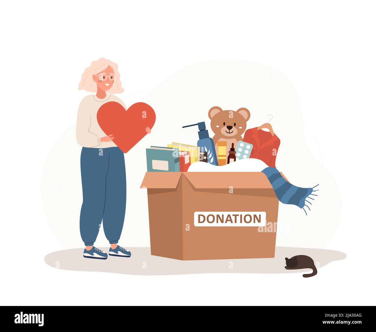 Scatola di donazione con vestiti, giocattoli, libri e medicinali. Donna volontaria anziana che tiene in mano il cuore. Condividi il tuo amore. Sostegno ai poveri e. Illustrazione Vettoriale