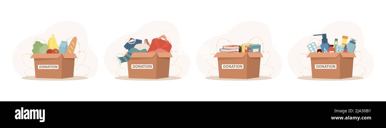 Scatole per donazioni con vestiti, giocattoli, libri e medicinali. Aiuto per i senzatetto. Sostegno ai poveri e ai bambini. Concetto di volontariato e beneficenza Illustrazione Vettoriale
