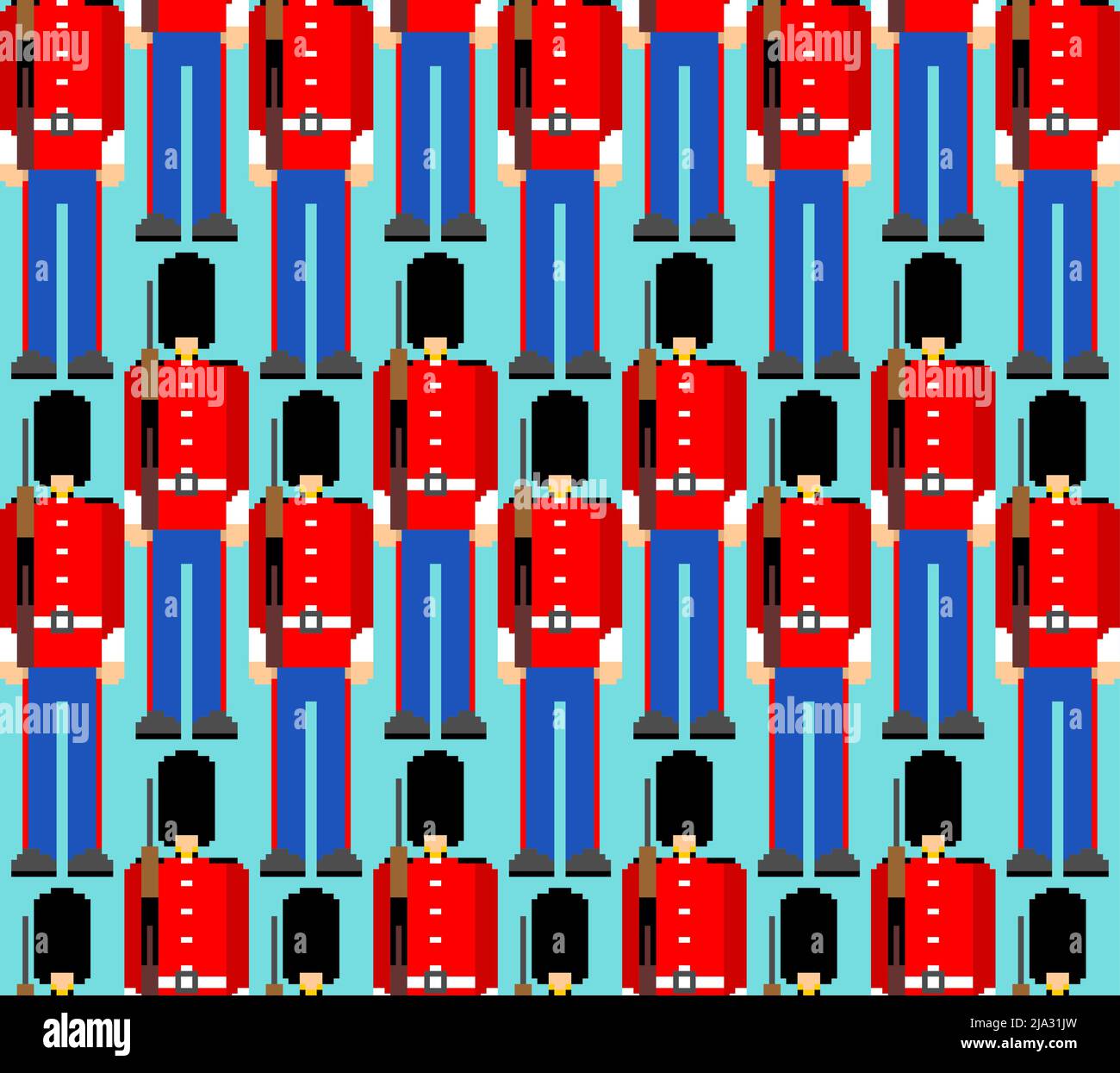 Beefeater British Royal Guardsman pixel art pattern senza cuciture. Grenadier sentry a 8 bit con fondo a cappello di orso. Texture vettoriale pixelata Illustrazione Vettoriale