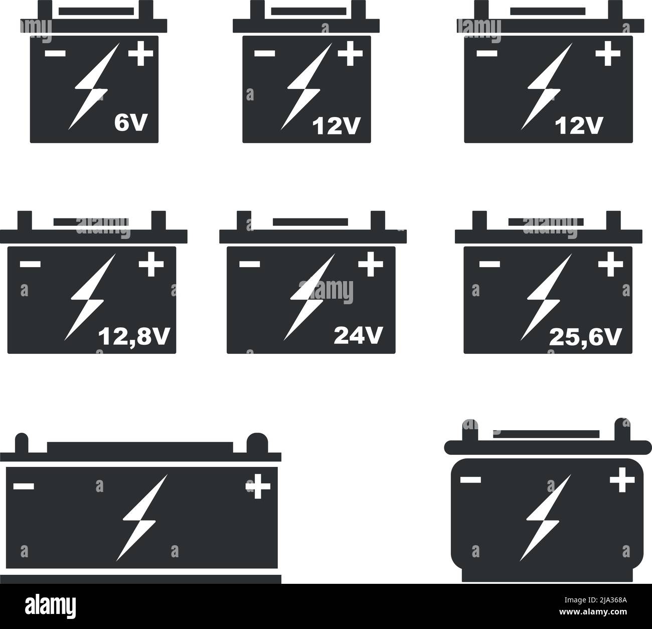 icona della batteria impostata da 6 v a 24 v per auto, camion, dimensioni di diffusione della batteria Illustrazione Vettoriale