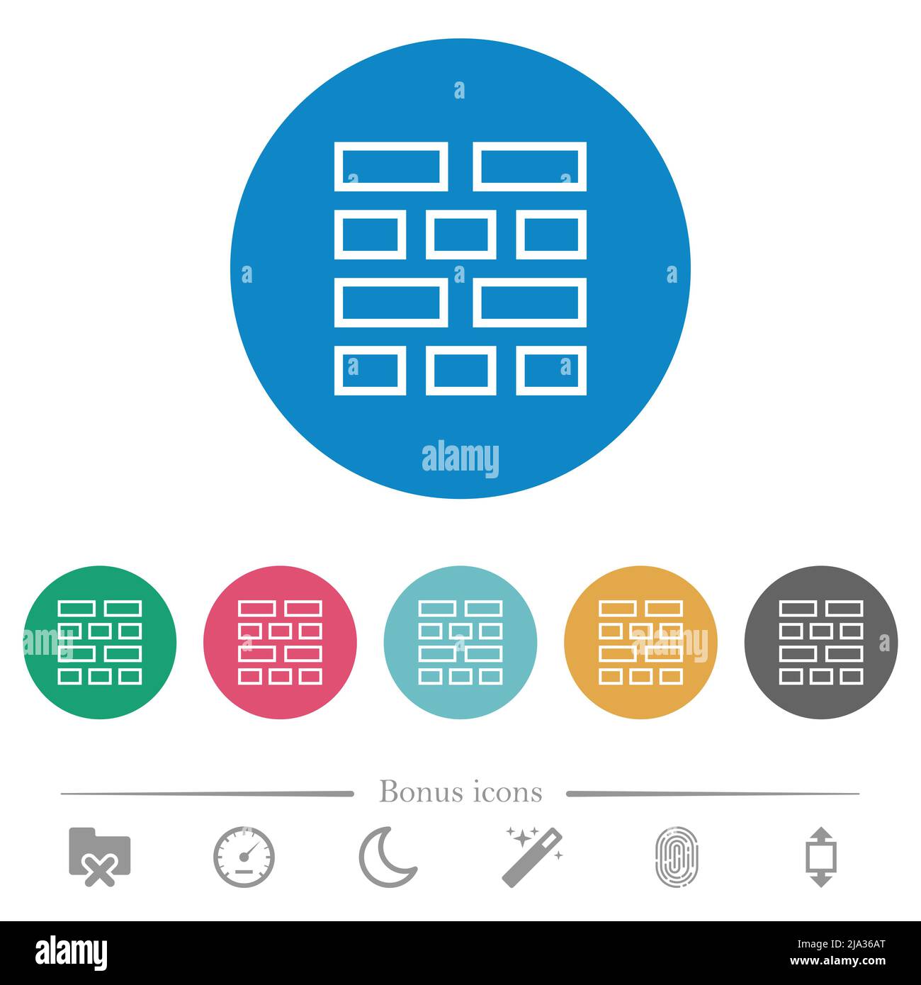 Muro di mattoni tracciare icone bianche piatte su sfondi di colore rotondi. 6 icone bonus incluse. Illustrazione Vettoriale
