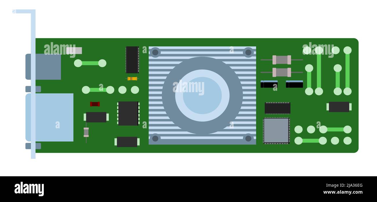 Scheda video con radiatore di raffreddamento a chip. Parte di ricambio per personal computer. Isolato su sfondo bianco. Accessori per PC o notebook. Vettore. Illustrazione Vettoriale