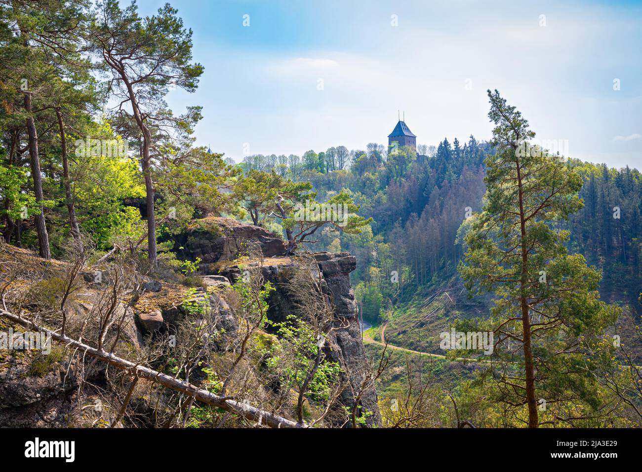 Paesaggio suggestivo intorno al castello di Nideggen nel Parco Nazionale Eifel, Germania Foto Stock