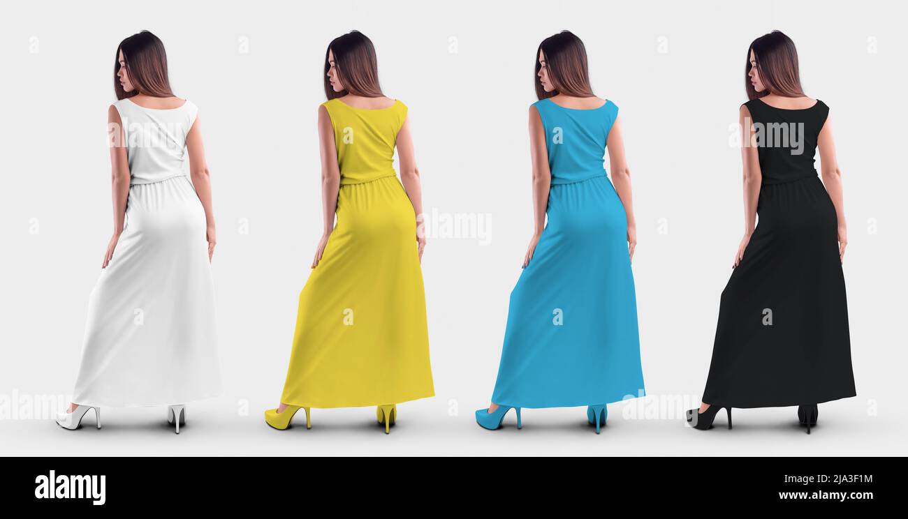 Mockup di un lungo vestito su una bella ragazza in tacchi, vista posteriore, isolato sullo sfondo. Set di abbigliamento moda donna, bianco, nero, giallo, blu sole Foto Stock