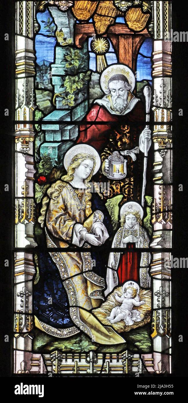 Vetrata di Percy Bacon & Brothers raffigurante la Natività, la Chiesa di St James, Hanslope, Buckinghamshire Foto Stock
