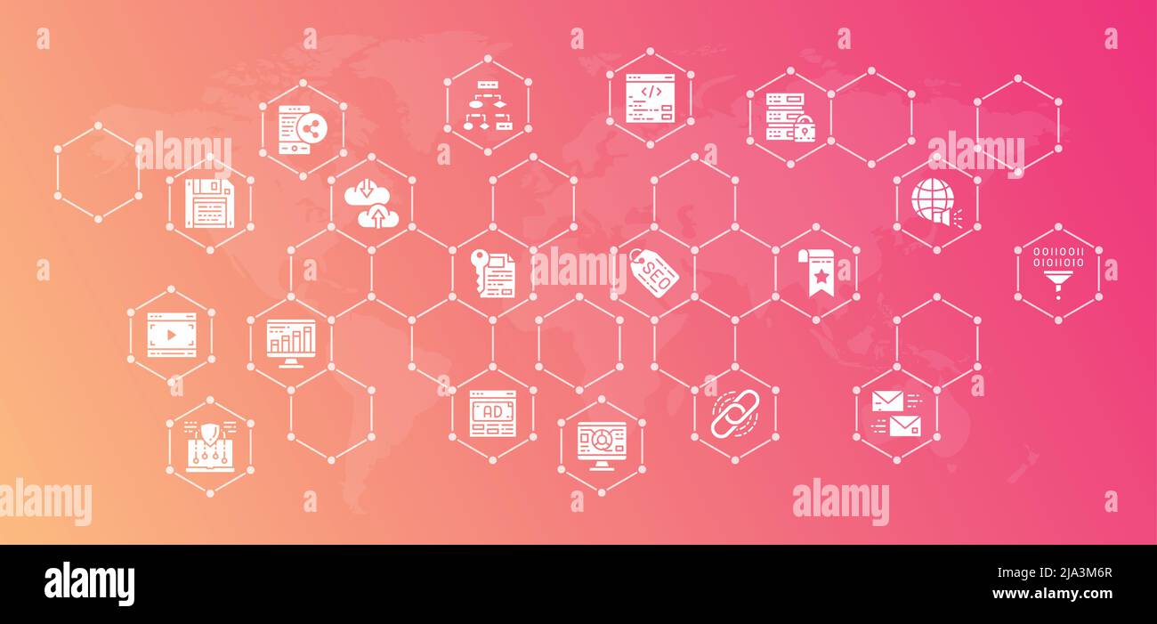 Modello di disegno di Web site di SEO. Bookmark, Hosting, Hyperlink, Advertisement, Data Transfer Vector Illustration con icone bianche. Illustrazione Vettoriale