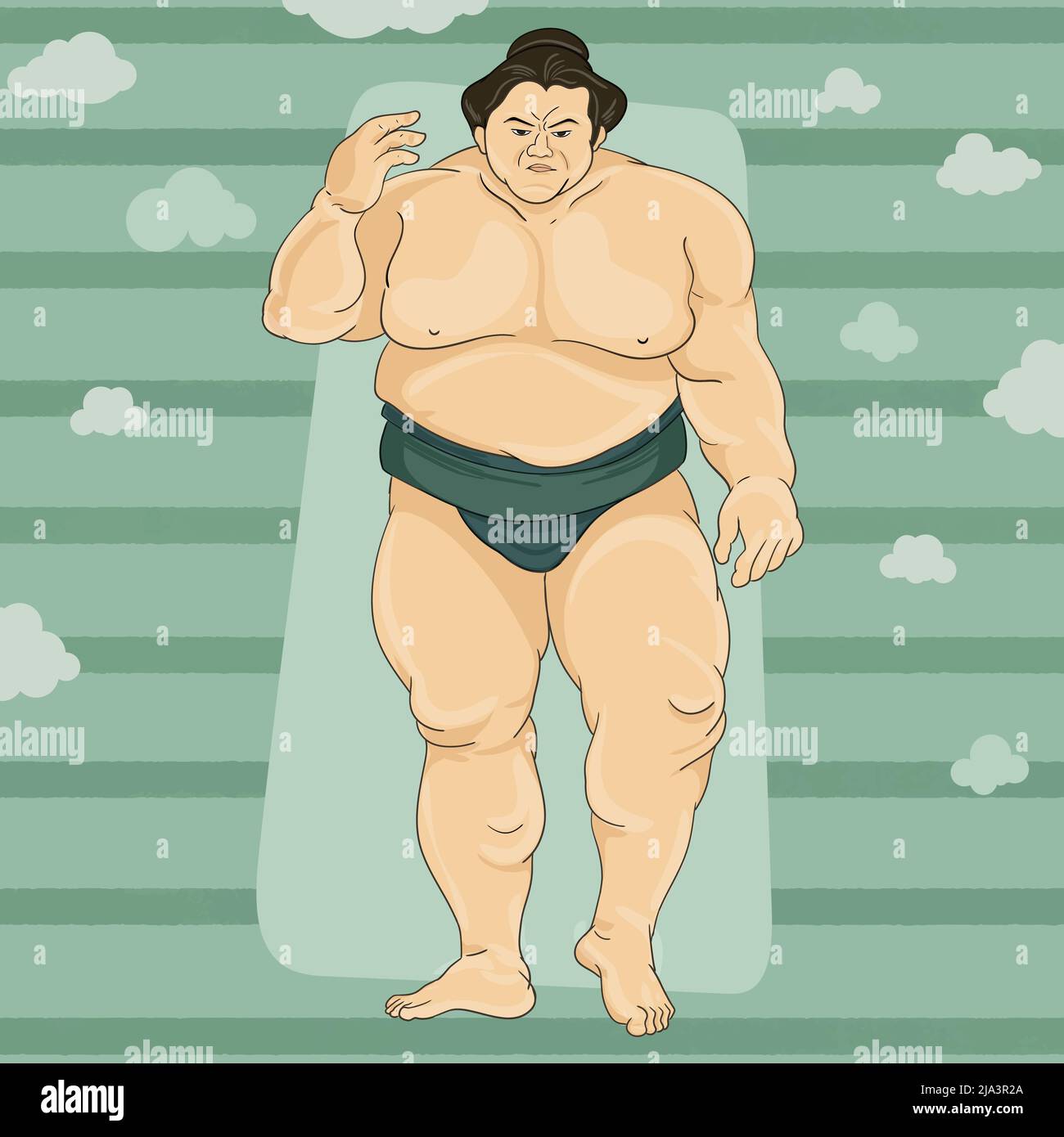 Lottatore di sumo in piedi e sfidante avversario. Big Tall enorme Angry Man. Sport giapponese. Illustrazione Vettoriale