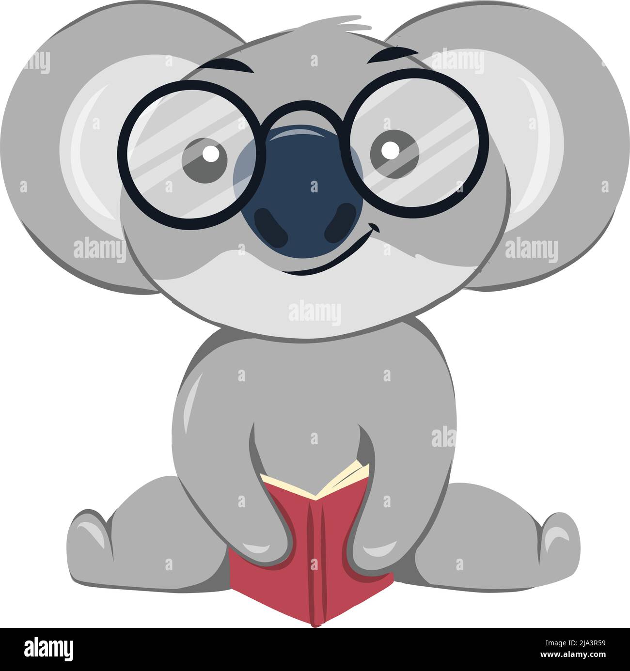 Koala portare occhiali e leggere un libro. Koala antropomorfo seduto e sorridente. Illustrazione Vettoriale