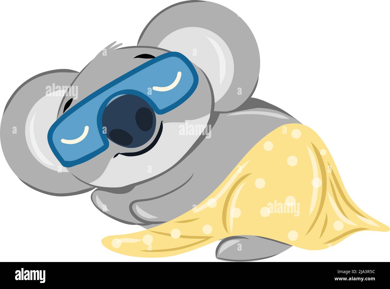 Sonnolento koala orso dormire tranquillamente, indossando una maschera per gli occhi e una coperta. Illustrazione Vettoriale