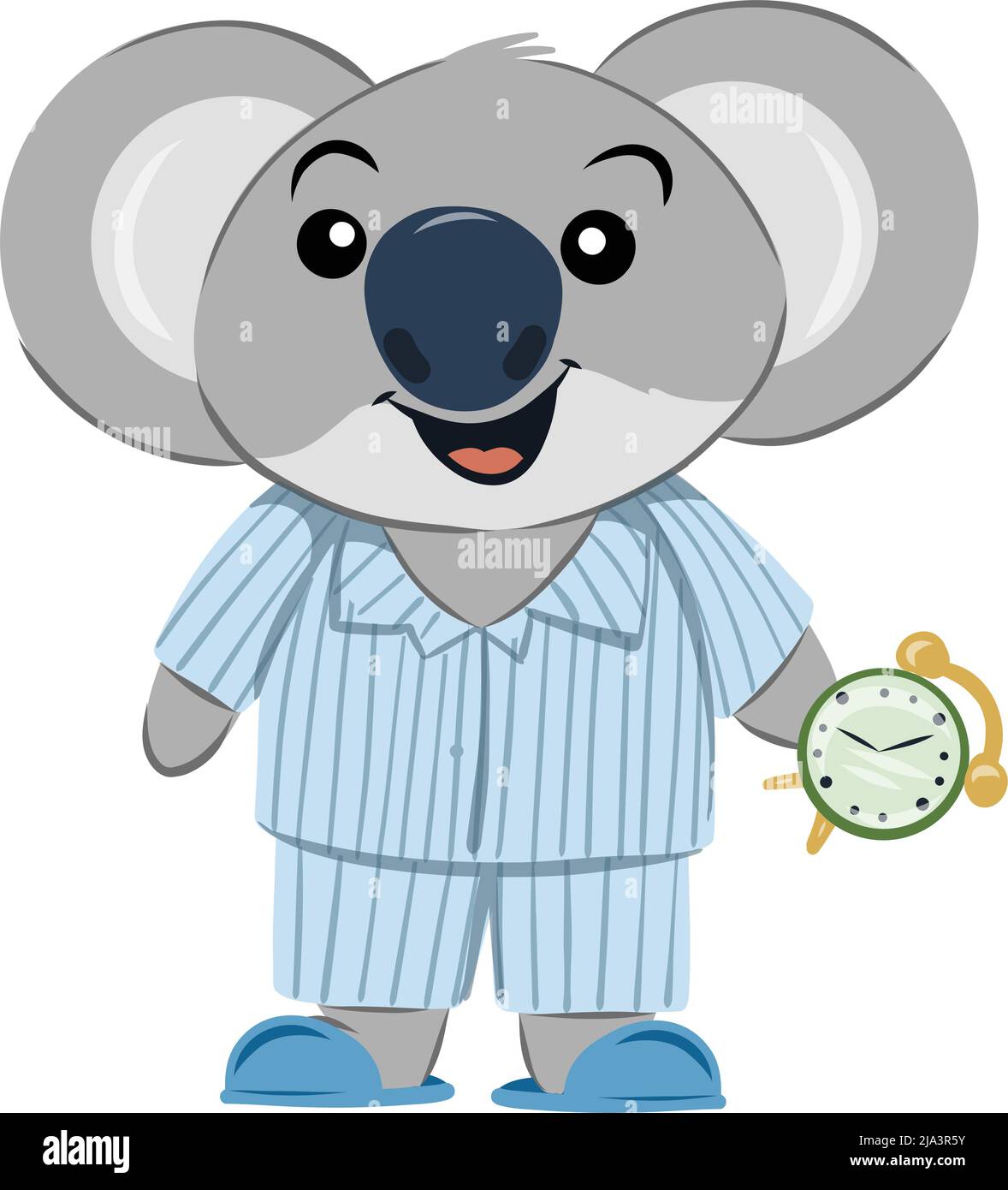 Sonnolento koala portare pigiama e tenere una sveglia. Animale Australiano antropomorfo. Illustrazione Vettoriale