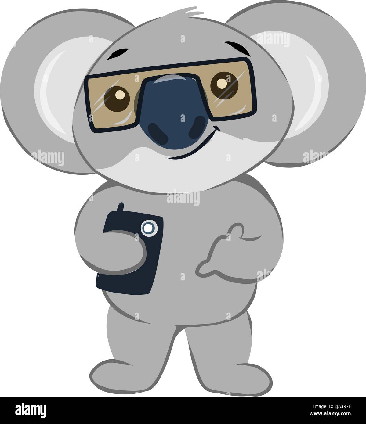 Fresco orso di koala antropomorficato indossando occhiali da sole e tenendo il telefono cellulare cliccando selfie. Illustrazione Vettoriale