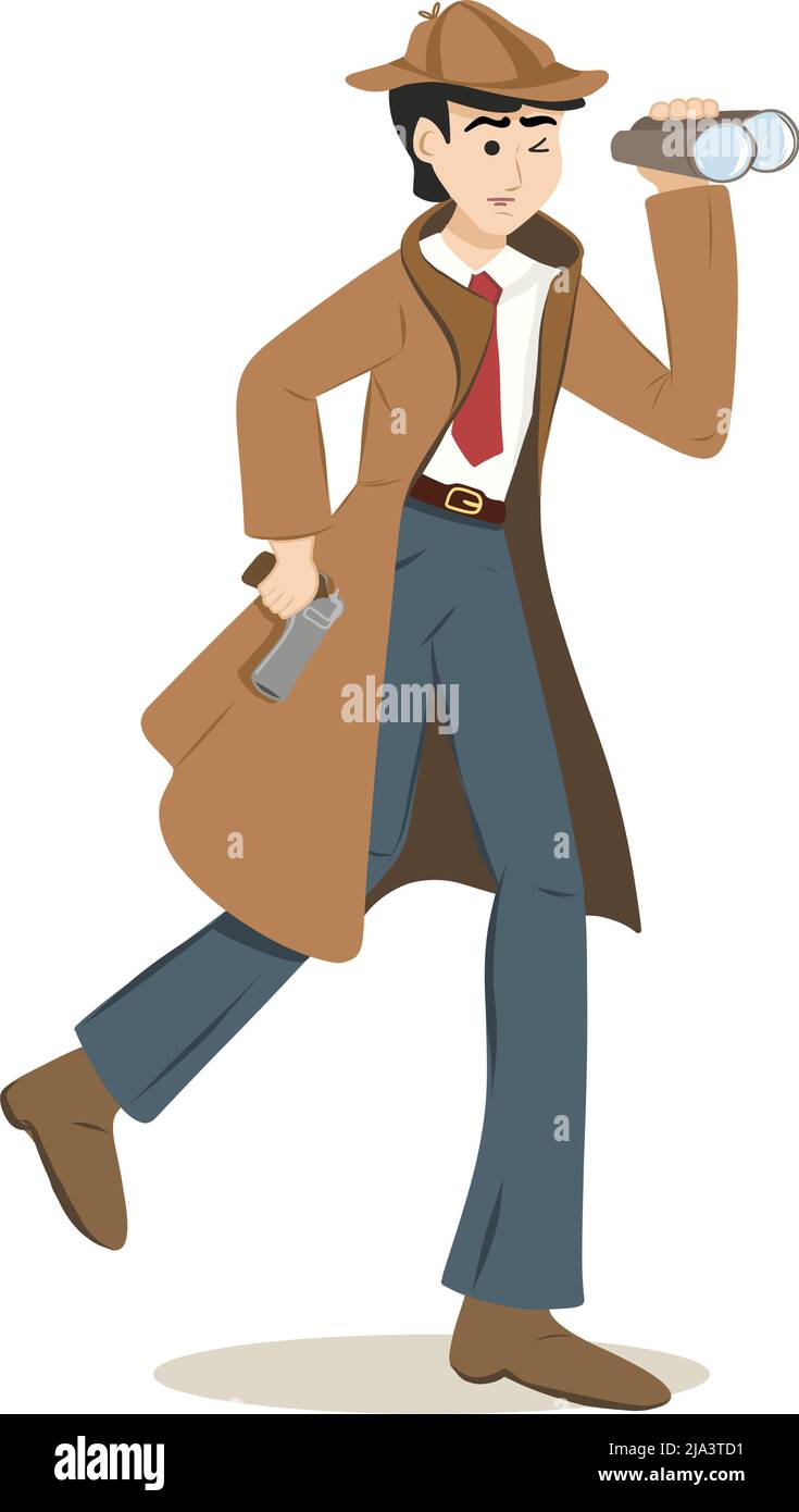 Personaggio detective che corre dietro i criminali tenendo la pistola e guardando attraverso binocoli Illustrazione Vettoriale Personaggio detective che corre dietro i criminali tenendo la pistola e guardando attraverso binocoli Illustrazione Vettoriale