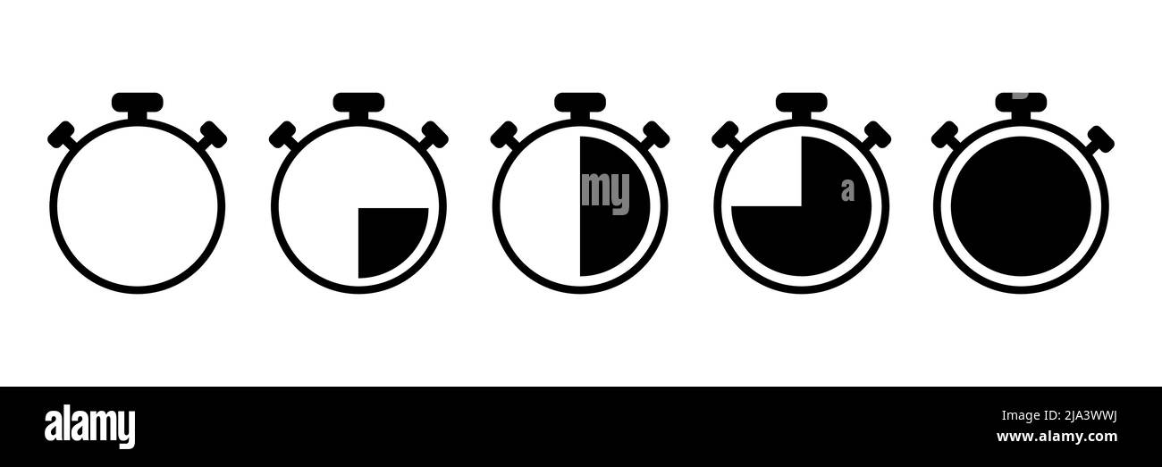 Set di icone del vettore cronometro. Timer conto alla rovescia. Icona dell'orologio. Freccia di rotazione completa. Simbolo di gestione del tempo. Cartello di consegna. Illustrazione Vettoriale