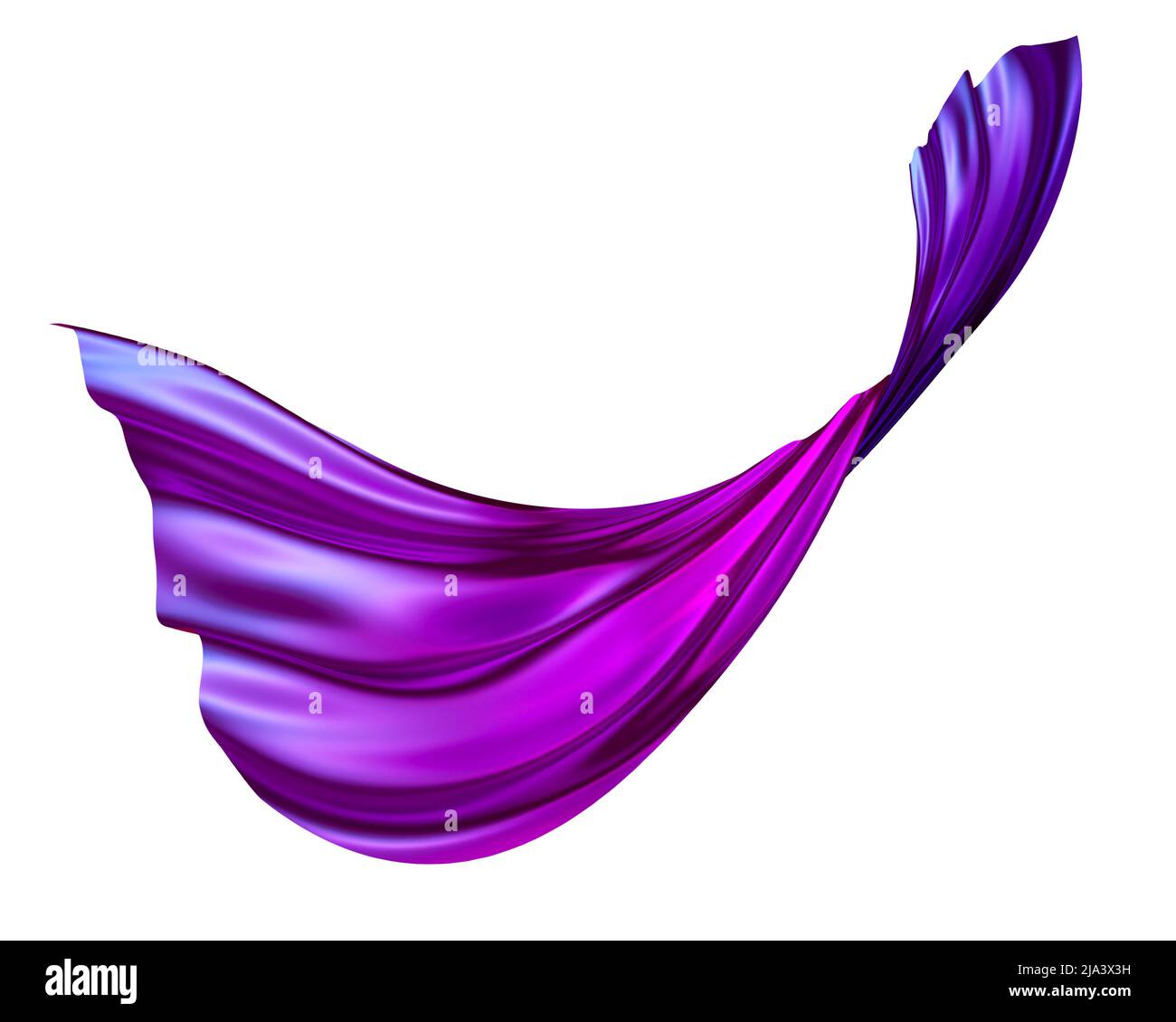 3d rendering, astratto drappeggio clip art isolato su sfondo bianco, viola moda tessile ondulazione, levitating, volare. Caduta di tela di seta, Foto Stock