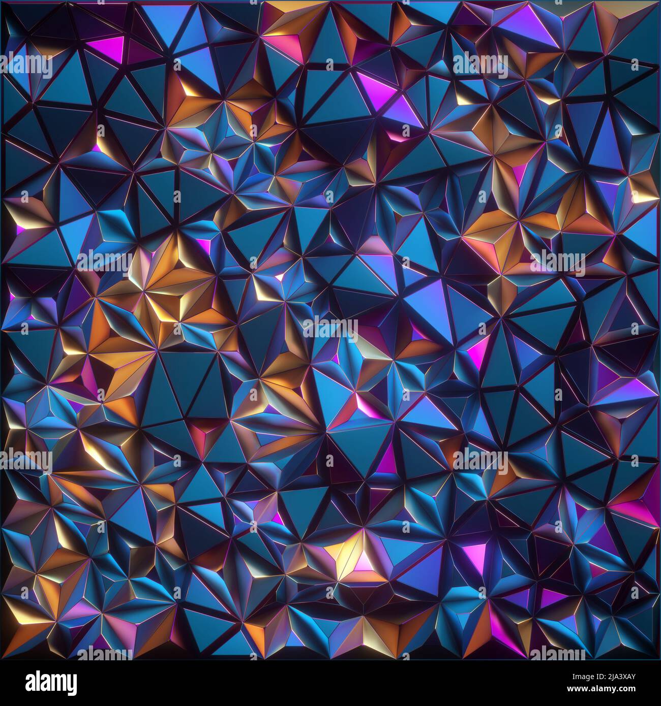 3d rendering, sfondo cristallo sfaccettato astratto, trama metallica inchiostro giallo blu iridescente, piastrelle triangolari, carta da parati geometrica cristallizzata, Foto Stock