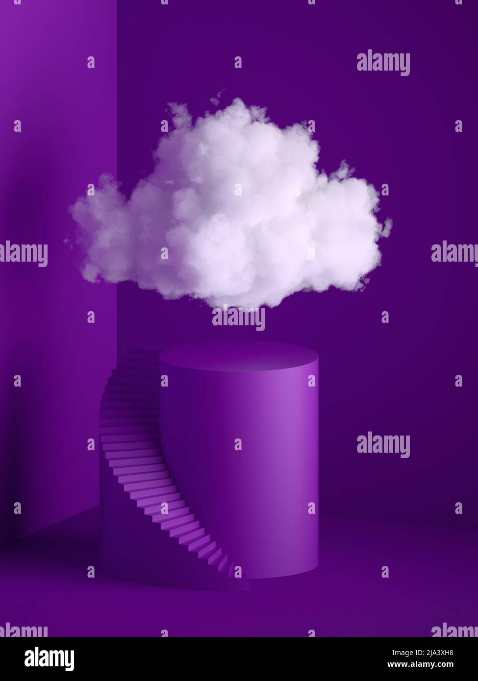 3d rendering, nube soffice bianca sopra il piedistallo del cilindro, scale a spirale, gradini, podio rotondo, interno minimo stanza. Oggetti isolati, Foto Stock