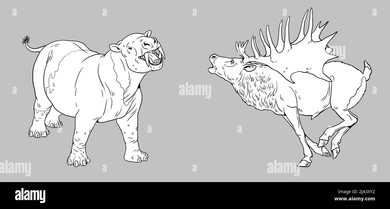 Animali preistorici - corifodone e giganteschi cervi megaloceros. Disegno con animali estinti. Modello per libro da colorare. Foto Stock