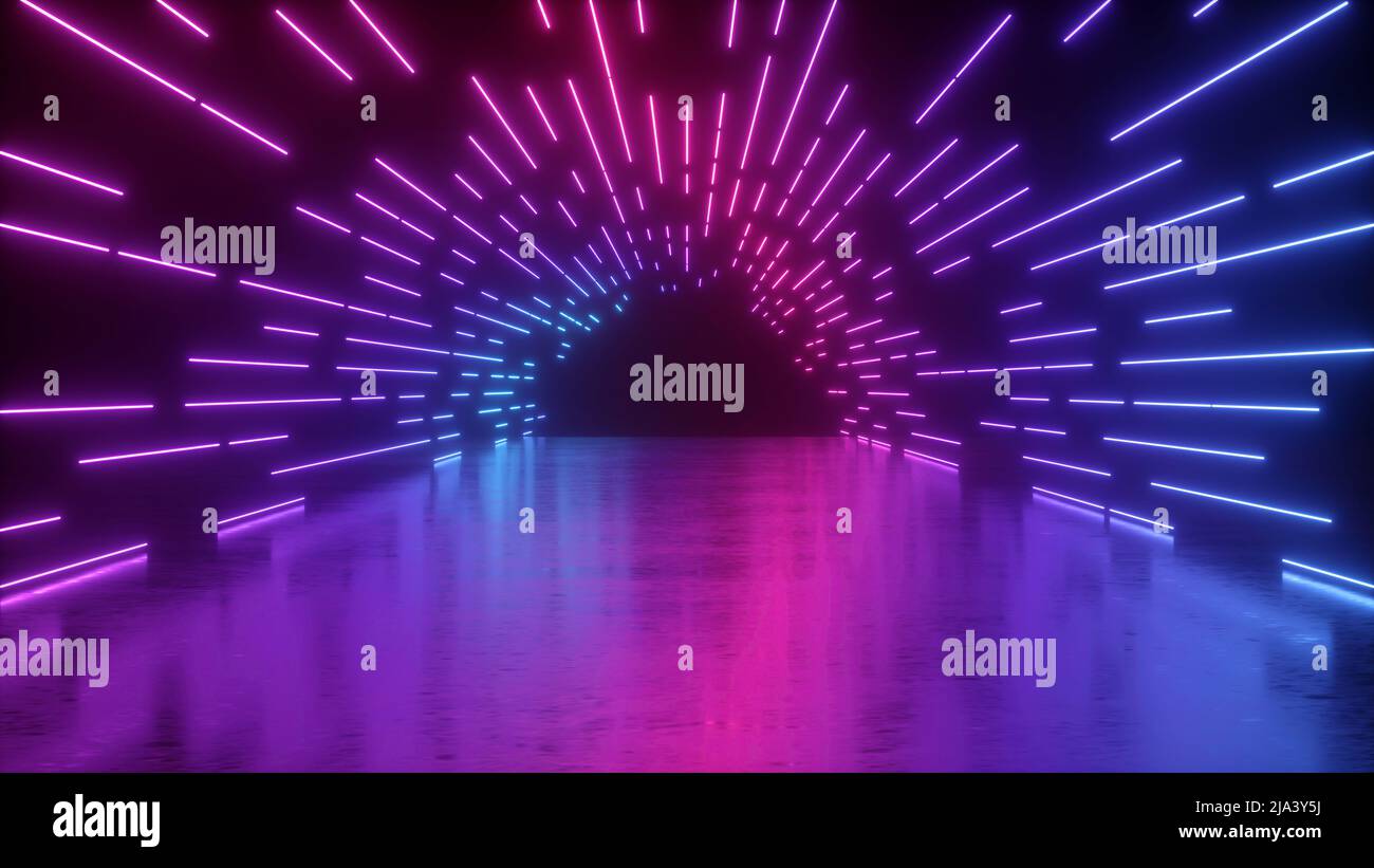 3d rendering, sfondo neon astratto, linee azzurre rosa, luce ultravioletta, tunnel vuoto, corridoio lungo, percorso, strada, fase di prestazione, Foto Stock
