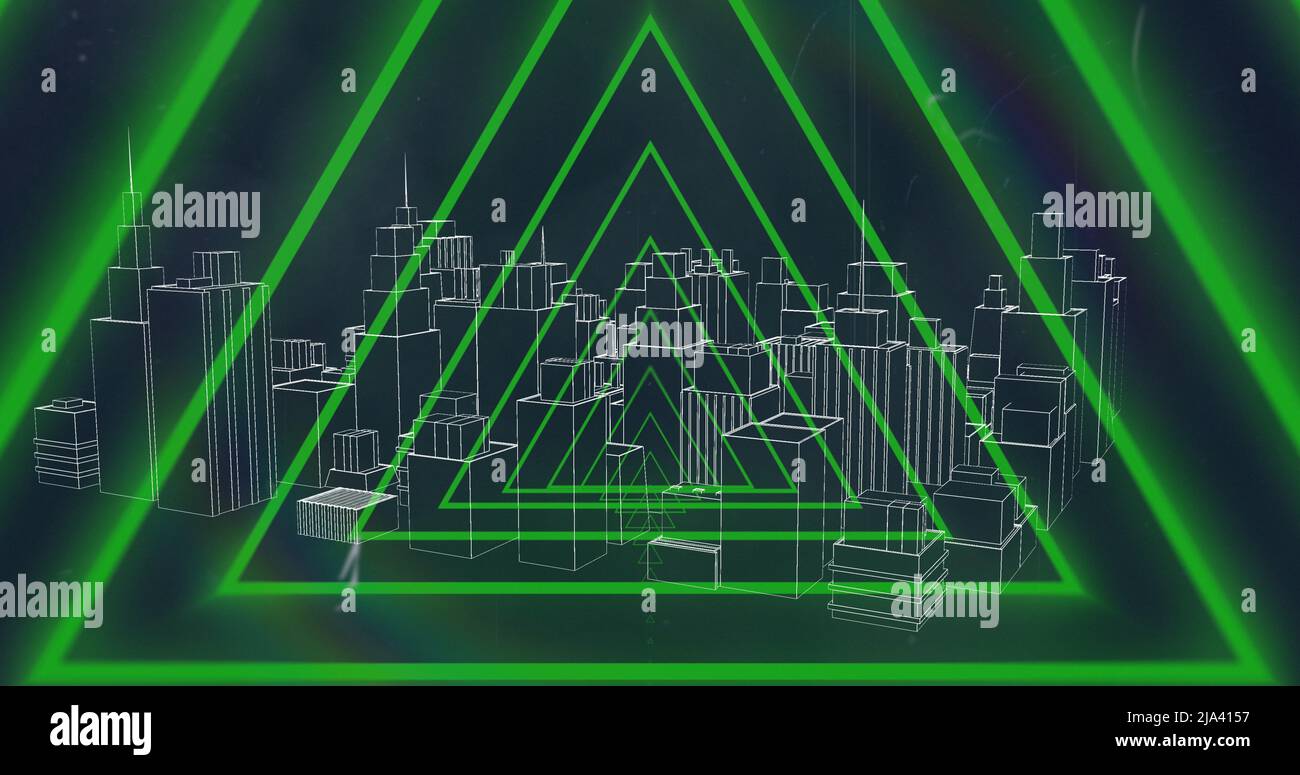 Immagine di forme geometriche al neon rosso su 3D modelli di città Foto Stock