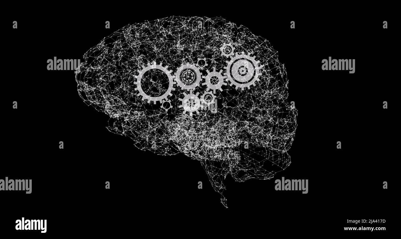 Immagine del cervello che ruota su sfondo nero con ingranaggi Foto Stock