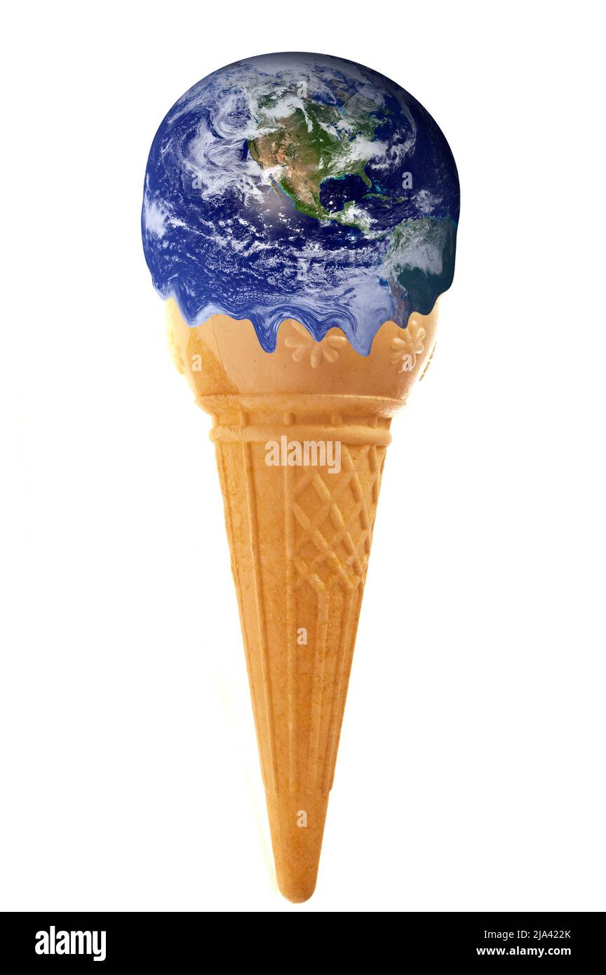 Cono gelato con un pianeta Terra in fusione, come concetto di pianeta in pericolo e riscaldamento globale Foto Stock