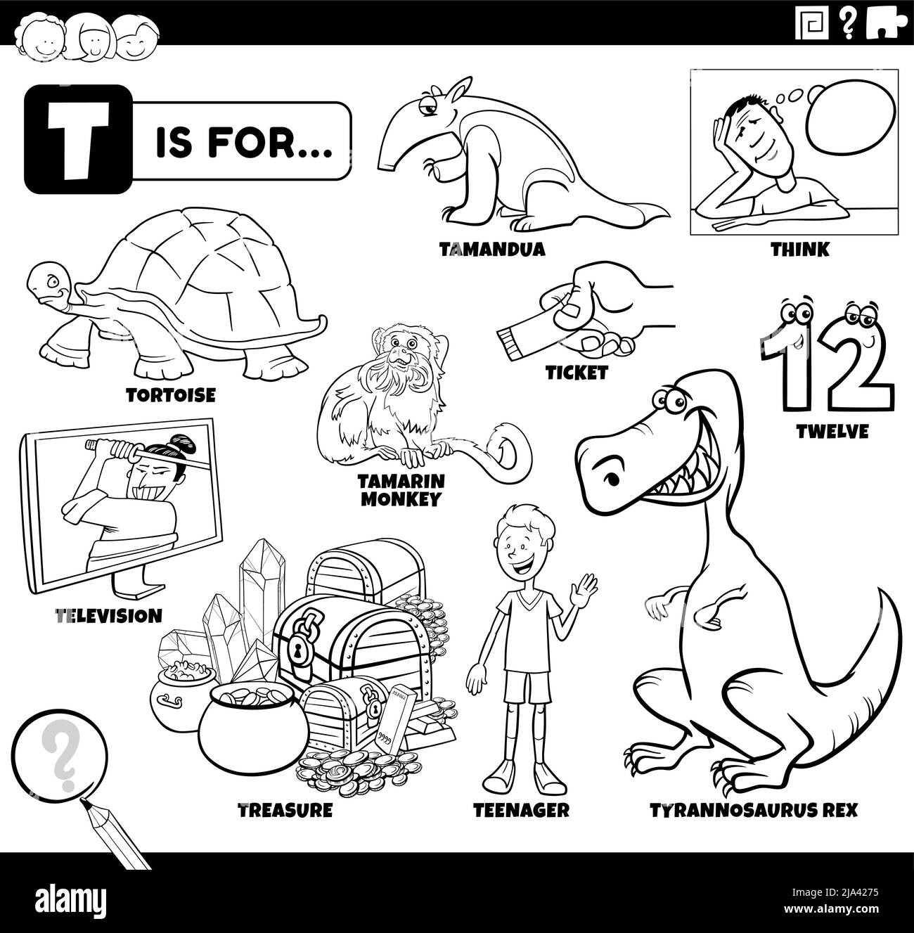 Illustrazione di cartoni animati didattici in bianco e nero per bambini con caratteri fumetti e oggetti impostati per la pagina di libro da colorare lettera T. Illustrazione Vettoriale