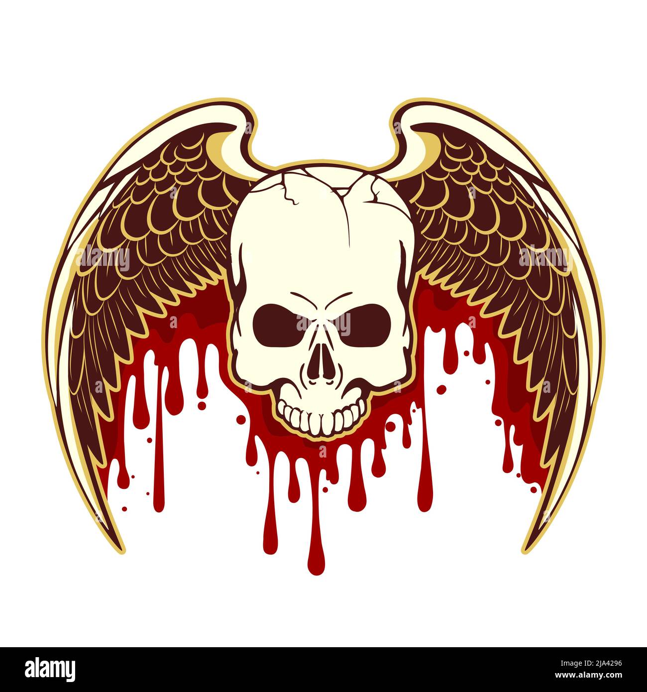 Emblema del cranio umano con ali e gocce di sangue isolate su bianco. Illustrazione vettoriale. Illustrazione Vettoriale