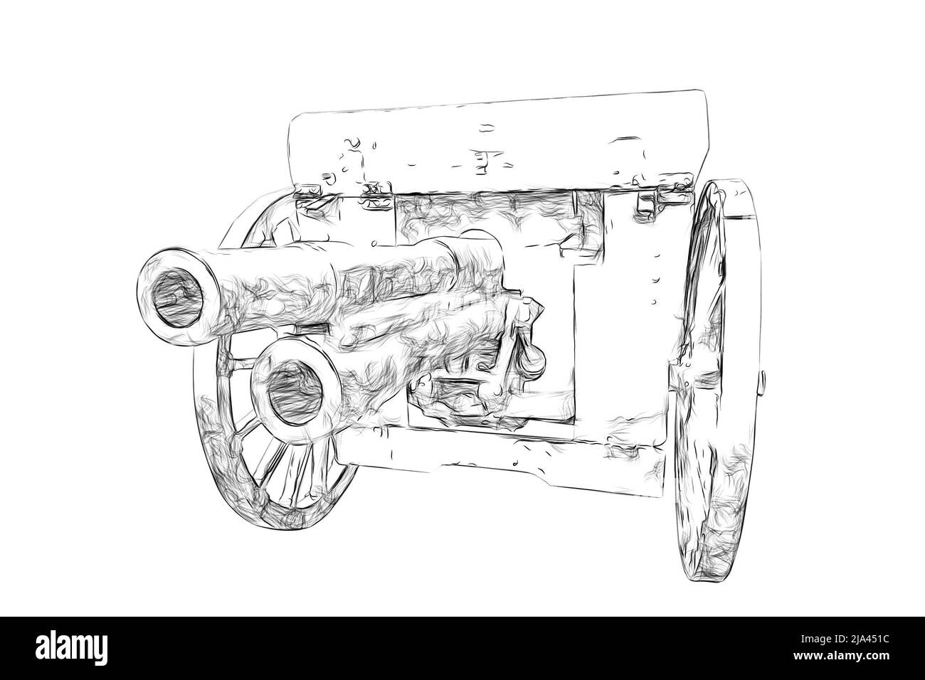 disegno bianco e nero di una pistola su ruote su sfondo bianco Foto Stock disegno bianco e nero di una pistola su ruote su sfondo bianco Foto Stock