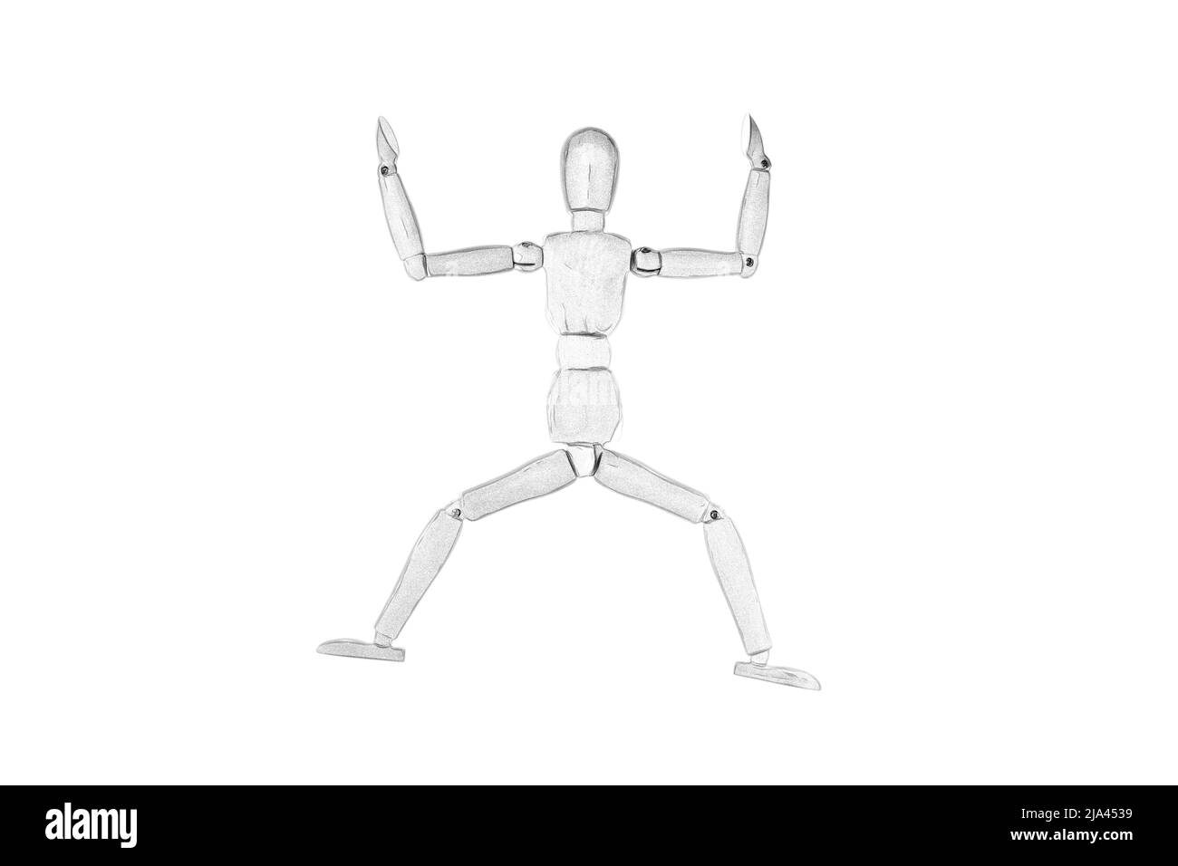 disegno bianco e nero di un burattino di legno su sfondo bianco Foto Stock