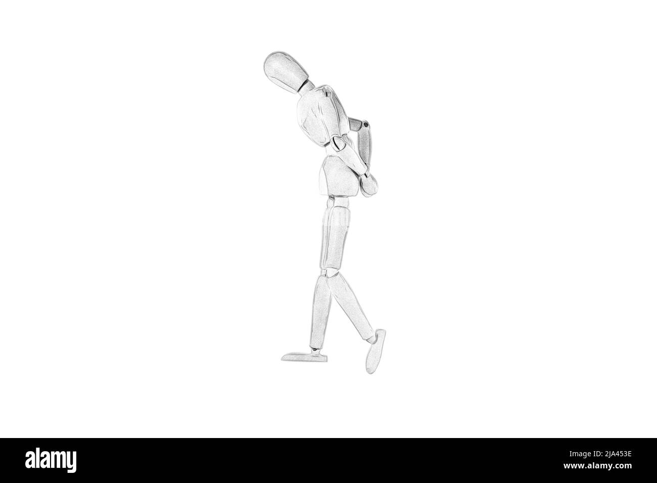 disegno bianco e nero di un burattino di legno su sfondo bianco Foto Stock